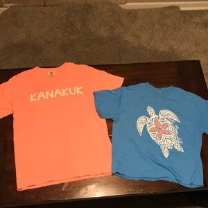 2 T-Shirts Peach “Kanakuk” & Cropped Caribbean Blue “Turtle Bay” (Women Medium)